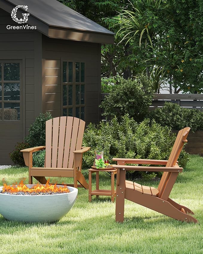 GREENVINES Adirondack Chairs Set of 4 | HDPE Plastic | All Weather | Oversized Fire Pit Chair | Teak | Poly Lumber | for Outdoor Deck Backyard Patio Garden