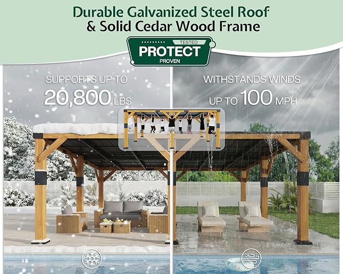 Jocisland 20' x 20' Cedar Wood Gazebo with Sloped Galvanized Steel Roof, Hardtop Gazebo Pavilion with Durable, Rot-Resistant Construction, Permanent Outdoor Pergola for Backyard, Garden & Deck