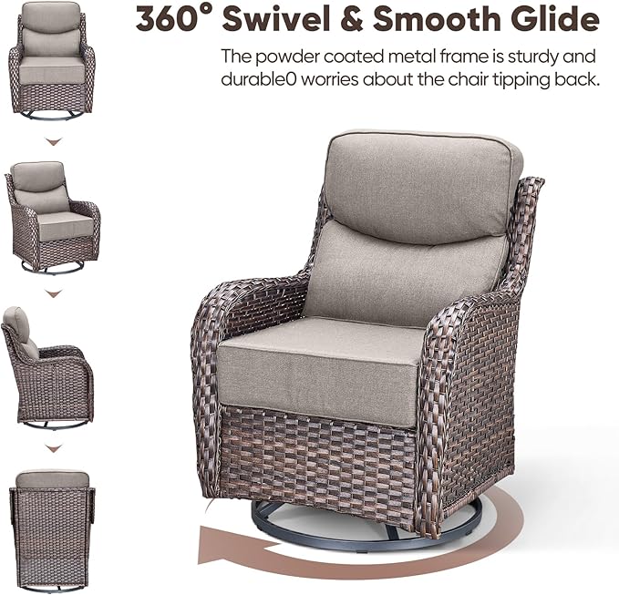 Swivel Patio Chairs sofa Set of 9 with 6" Thick Cushion - Wicker Outdoor Swivel Rocker Patio Chair ,Sofa/Glass coffee table, High Back Comfortable Outdoor Glider Chairs -Brown Wicker | Gery Cushions