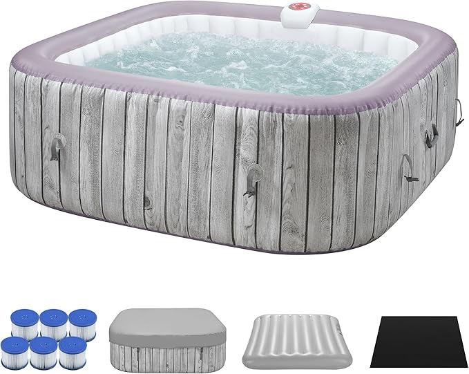 Inflatable Hot Tub for 4-6 People – Portable Heated Spa with 130 Bubble Jets, Insulated Cover, 6 Filter Cartridges & Internal Pump for Backyard or Indoor Use