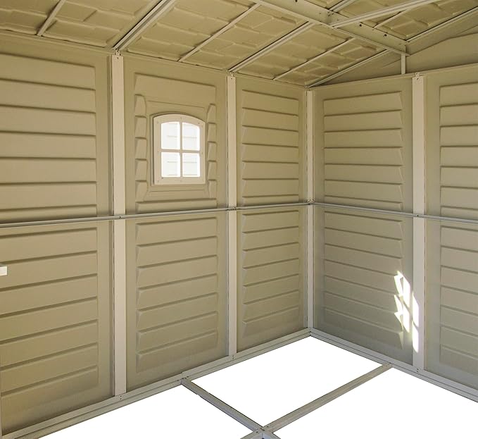 Duramax Woodbridge Plus 10.5 x 8 (8.02 m2) Plastic Garden Shed with 1 Fixed Window & Metal Foundation Kit, Strong Metal Roof Structure Fire Retardant and Maintenance-Free Storage Shed - Ivory/Brown