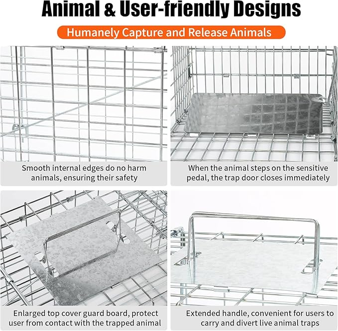 Uablun 31" Live Animal Trap, Heavy Duty Folding Squirrel Traps Outdoor, Humane Catch & Release Cat Trap for Stray Cats, Raccoons, Squirrel, Skunk, Mole, Groundhog, Armadillo, Rabbit