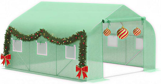 Outsunny 11.5' x 10' x 6.5' Outdoor Walk-in Greenhouse, Tunnel Green House with Roll-up Windows, Zippered Door, PE Cover, Heavy Duty Steel Frame, Green