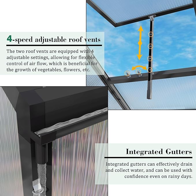 KEIKI 10x12 FT Polycarbonate Greenhouse for Outdoors, Heavy-Duty Aluminum Walk-in Greenhouse with Raised Base, Roof Vent & Drainage System, All-Season Garden Greenhouse, Black