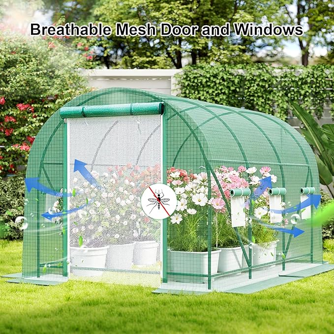 11.4x6.5x6.5 FT Greenhouse, Large Walk-in Green Houses for Outside, Tunnel Greenhouse with Thicken PE Cover with Mesh Door and 6 Ventilation Windows