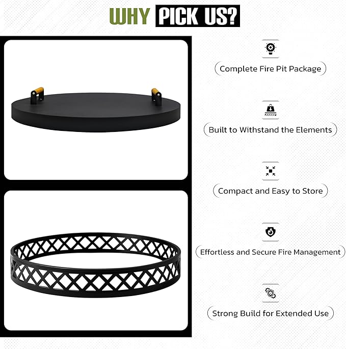 FEBTECH - Smokeless Fire Pit Accessories Combo – 23" Carbon Steel Base, 27.5" Lid with 2 Wooden Handles – Durable Smokeless Firepit Accessories for Camping, Patio, Backyard