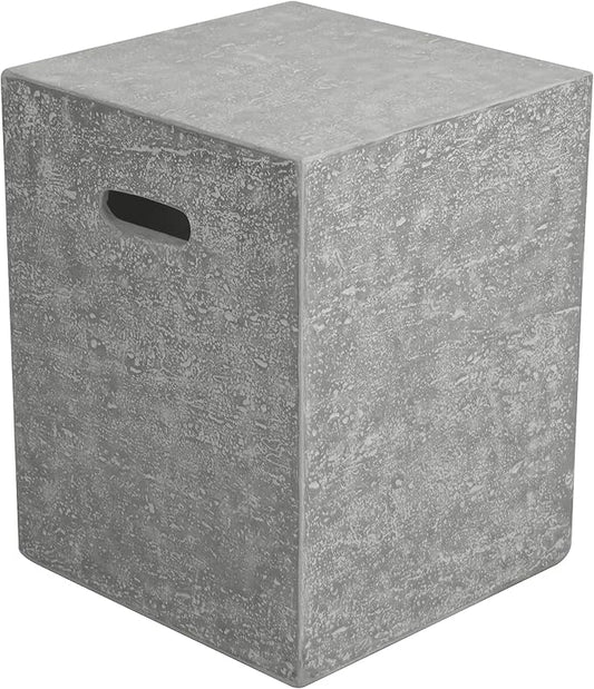 AMS Fireplace | Elementi Square Travertine Light Gray 20 lbs Propane Tank Cover | Concrete GFRC Base | Dimensions: 15.7 x 15.7 x 20 inches | Perfectly Matches with Metropolis Light Gray Fire Pit Table