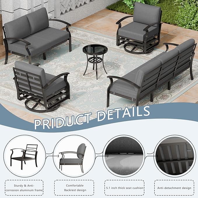 Aluminum Patio Furniture Set, 7 Seats Outdoor Patio Conversation Set with Swivel Chair Modern Metal Patio Sectional Sofa with Upgrade Cushions for Patio, Backyard Grey