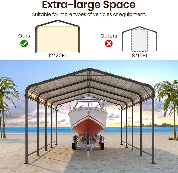 Wisteria Lane 12x20FT Metal Carport, Heavy Duty Carport Canopy with Reinforced Frame and Base for All-Weather, Outdoor Garage Car Port for Boats, Tractors, Pickup Trucks or Party, Dark Gray