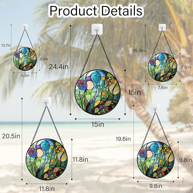 QZQCBLC Stained Glass Window Hanging Blue Ocean Water Plants Flower Large 15" - Suncatcher Door Garden Sun Catcher Home Decor Birthday Christmas for Mom Men Woman Nana Friend
