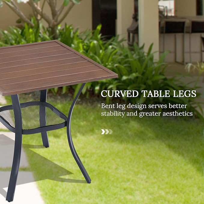 VICLLAX Small Square Outdoor Patio Table, All Weather Metal Outdoor Dining Table for Lawn Garden, 27.5"x 27.5" Patio Table for Outside, Walnut Tabletop