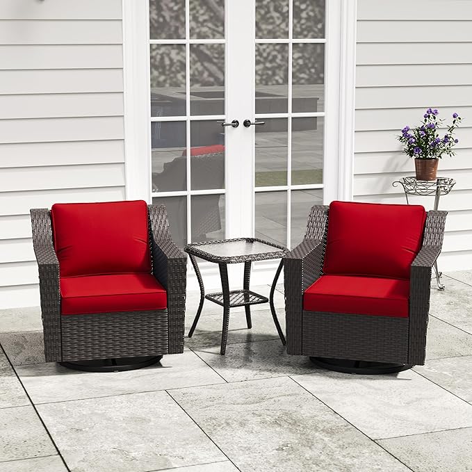 3 Pieces Patio Conversation Furniture Set - 2 Swivel Chairs, 1 Side Table, Outdoor Wicker Rocking Glider Armchairs with Washable and Water-Resistant Cushions for Porch, Balcony (Red)