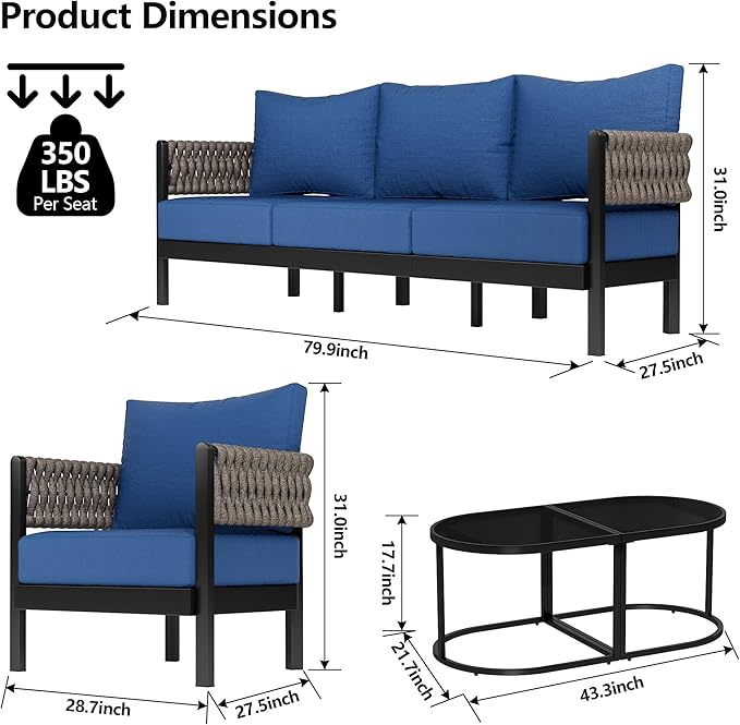 5-Piece Patio Conversation Sets, Armchairs & Coffee Table&Cushions, Deep Seating Modern Furniture Set,Garden, Balcony & Backyard