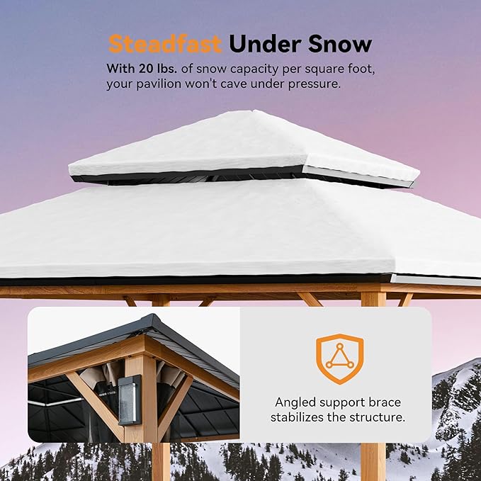 Modern Shade The Horizon Hardtop Gazebo 12' x 12' with 4 LED Lights, Permanent Outdoor Gazebo with Galvanized Steel Double Roof, Grill Pavilion with Decor Hooks, Mosquito Nettings, Wood Grain
