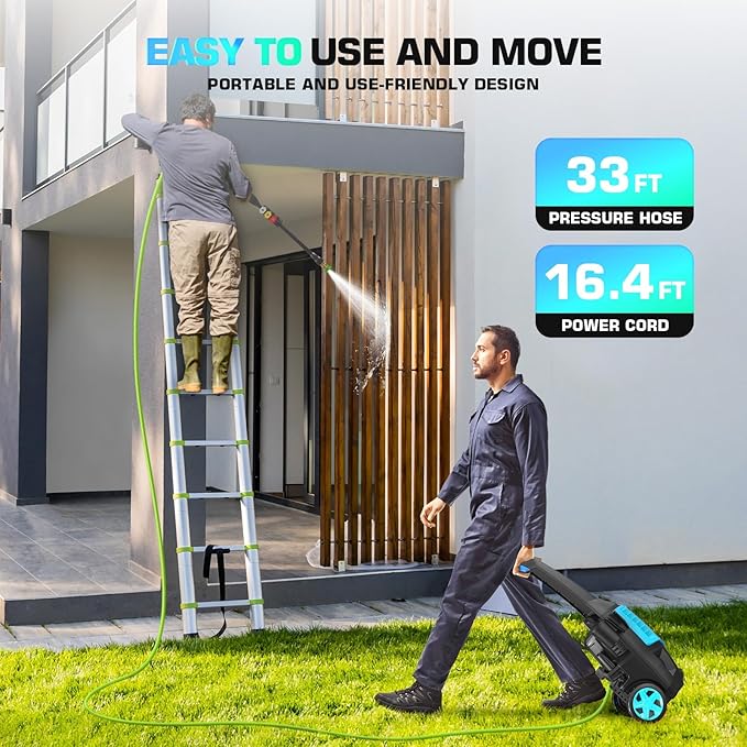 Electric Pressure Washer 5000PSI, High Power Washer with 33FT Hose Reel, 4 QC Nozzles and Soap Bottle, Power Cleaners Machine for Cars/Home/Driveways/Patios/Decks/Fences, Light Blue.