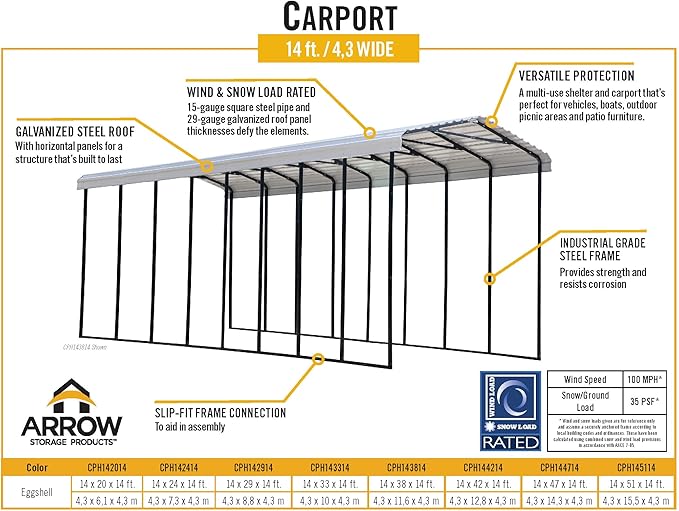 Arrow Carports Galvanized Steel Carport, RV Metal Carport Kit, 14' x 38' x 14', Eggshell