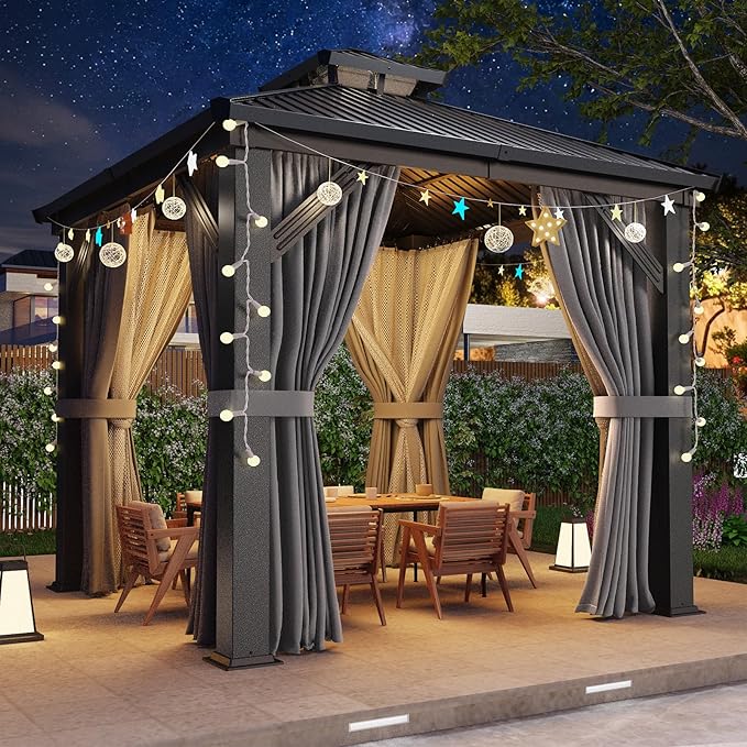 Besteagle 8’ x 8’ Hardtop Gazebo, Heavy Duty Aluminum Frame Outdoor Gazebo with Double Galvanized Steel Roof, Curtains & Netting Included, All-Weather Metal Gazebo for Patio, Lawn, Backyard