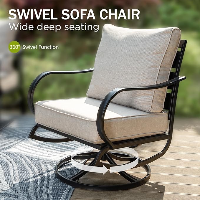 PHI VILLA 4 PCS Patio Furniture with FirePit Table, Outdoor Furniture Set with 1 x 45“ Metal Firepit Table, 1 x 3 Seater Cushioned Deep Seating Bench & 2 x Swivel Sofa Chairs