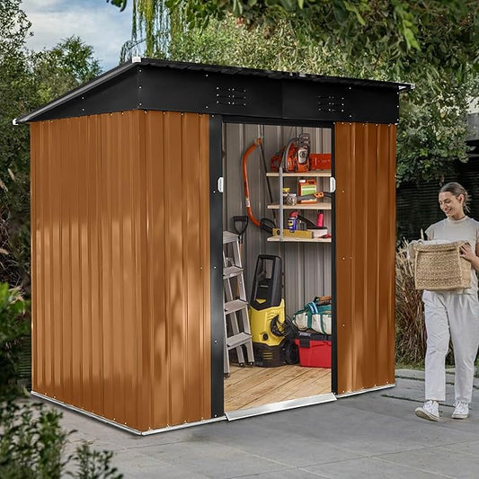 6x4 FT Outdoor Storage Shed Garden Shed Tool Shed with Lockable Door and Sloping Roof, Durable Metal Storage Shed for Backyard, Outside, Patio, Coffee