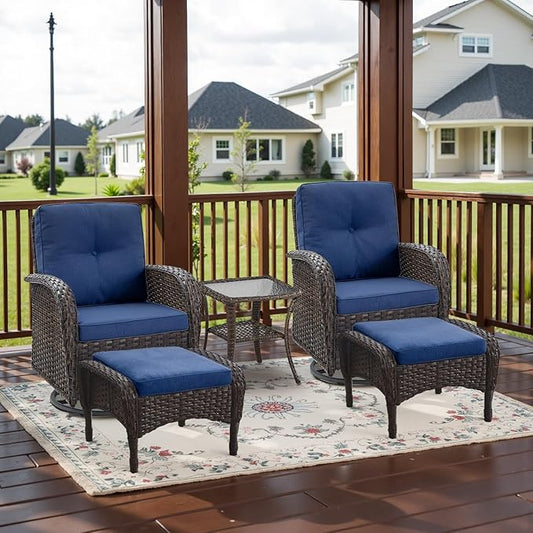 5 Piece Swivel Rocker Glider Outdoor Chairs Set of 2 with Ottoman and Glass Side Table Patio Bistro Furniture Set, Comfort High Back Wicker Patio Conversation Set for Deck Porch Sunroom