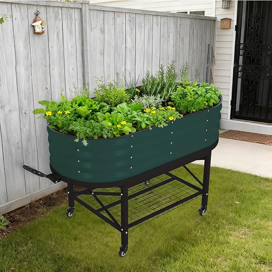 Oval Galvanized Raised Garden Bed Kit with Legs & Storage Rack for Patio, Easy Assembly, Thick Metal Outdoor Planter Box for Vegetables, Flowers, Patio Gardening, Green