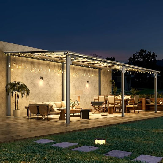 AECOJOY 20' x 12' Gazebo for Patio, Large Wall-Mounted Hard Top Lean-to Gazebo Pergola with Roof 12' x 20' on Clearance, Heavy Duty Patio Awnings for Decks, Backyard