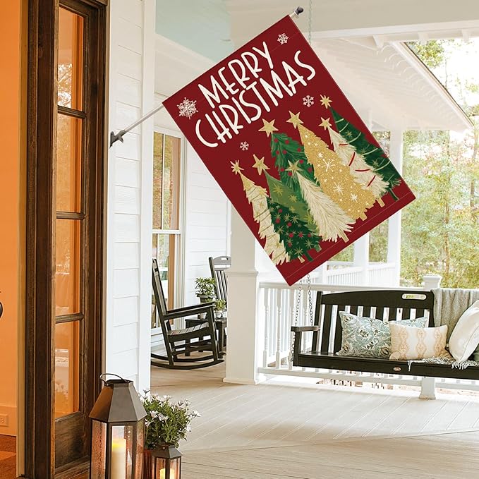 AVOIN colorlife Merry Christmas House Flag 28x40 Inch Double Sided Outside, Christmas Trees Winter Holiday Yard Outdoor Flag Red