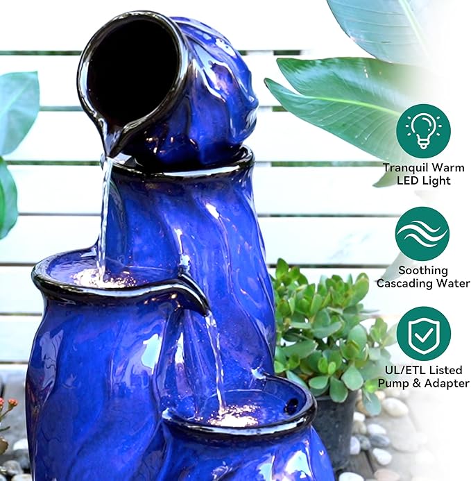 Ultym 29" Ceramic Outdoor Water Fountain, Sleek Cobalt Blue 4-Tier Stacked Waterfall with Wave Design, Weather-Resisant for Garden Patio Yard Porch Decor, Creates Relaxing Serene Oasis