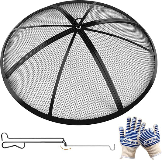 Fire Pit Spark Screen, Outdoor 30 Inch Round Fire Pit Screen with Foldable Hook and Fire Safety Gloves, Heavy Duty Steel Mesh Fire Pit Cover, Fire Pit Lid for Backyard, Beach, RV Camping