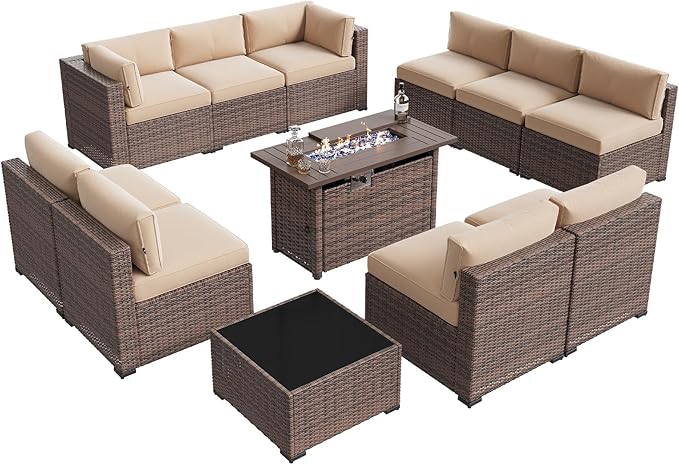Aoxun Patio Furniture Sets, 12-Piece Outdoor Patio Furniture with 44'' Propane Gas Firepit Table, Wicker Outdoor Conversation Set Sectional Sofa for Backyard, Poolside, Garden
