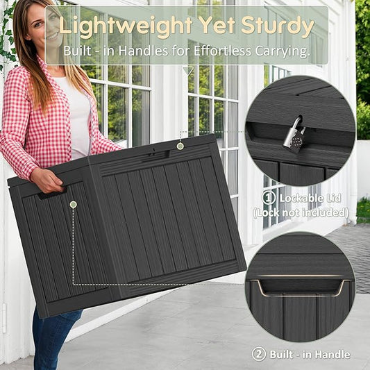 48 Gallon Outdoor Storage Deck Box Waterproof,Garden Tool,Backyard Cushion,Poolside Storage,Small Delivery Boxes for Outside,UV-Resistant & All-Weather,Wood-like Striped BLack