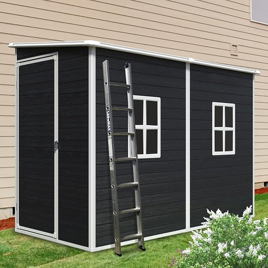 4x8 ft Outdoor Resin Storage Shed with Floor and 2 Windows, Waterproof Plastic Garden Shed with Lockable Door and Air Vents, All-Weather Tool Sheds for Backyard, Patio, Lawn (Black)