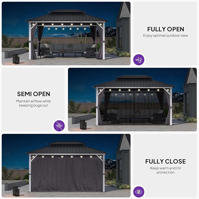PURPLE LEAF 10' X 14' Outdoor Gazebo Galvanized Steel Double Roof White Aluminum Frame Hardtop Heavy Duty Gazebo with Curtain and Netting for Patio Garden and Backyard, Grey