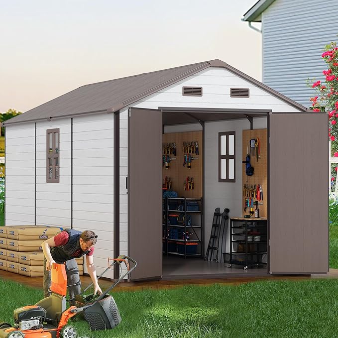 8x14 FT Resin Outdoor Storage Shed with Floor, Weather-Resistant Plastic Garden Shed with Windows, Lockable Door and Vents, Outside Tool Storage Sheds for Backyard, Garden, Lawn, Brown