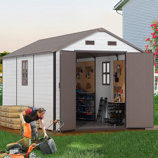 8x14 FT Resin Outdoor Storage Shed with Floor, Weather-Resistant Plastic Garden Shed with Windows, Lockable Door and Vents, Outside Tool Storage Sheds for Backyard, Garden, Lawn, Brown