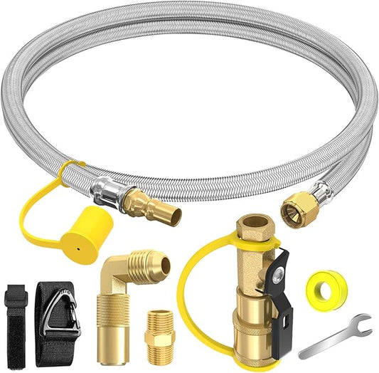 6FT Propane Quick Connect Hose for RV to Gas Grill, RV Quick Connect Propane Hose to RV 1/4" Female Quick Disconnect, with 1/4" Safety Shutoff Valve & Elbow Adapter for Blackstone 17"/22" Griddle