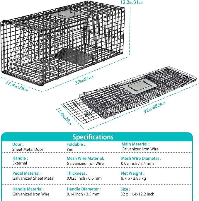Live Humane Animal Trap, 32" x 11" x 12" Heavy Duty Humane Animal Cage Trap Catch and Release, Foldable Cat Trap for Stray Cats, Raccoons, Groundhogs, Opossums, Armadillos, and Similar-Sized Animals