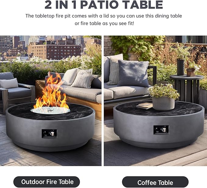 42 Inch Fire Pit Table, Outdoor Propane Fire Pit Table 2 in 1 65,000 BTU Round Gas Firepit, w/Lid, Wind Guard, Glass Rocks, Cover, for Garden, Patio, Grey