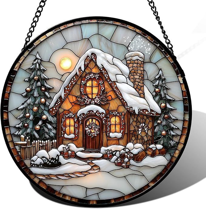 AMDERVEN Stained Glass Window Hanging - Christmas Tree Cottage Sun Catcher for Door Garden Home Winter Decor Snowy Night Suncatcher Mother's Day Birthday Gifts for Women Men Mom Nana 11.8 in