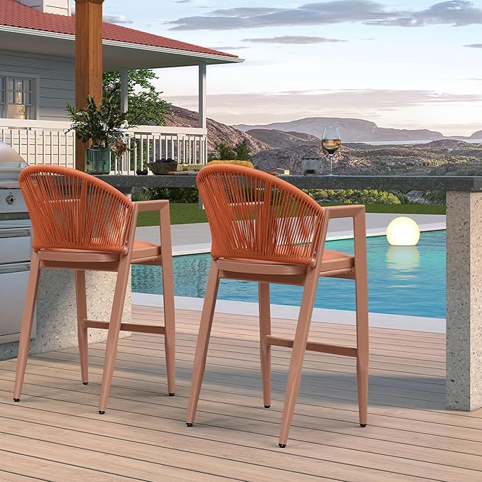 PURPLE LEAF Outdoor Bar Stools Set of 2 Wicker Bar Stools Woven Bar Height Stool Bar Chairs Aluminum Barstool for Patio Kitchen Island Lawn Orange