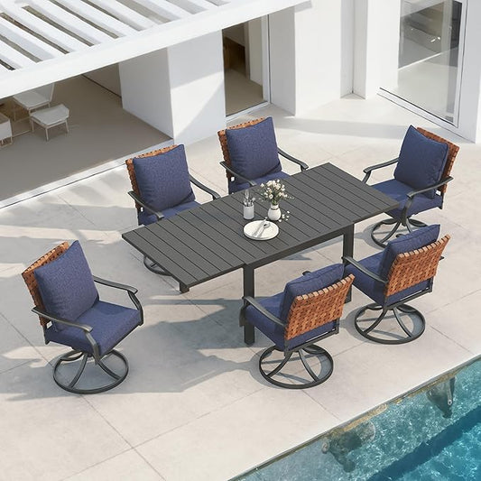 Grand patio 7-Piece Outdoor Dining Set, 6 Leather-Look Wicker Blue Swivel Patio Chairs & 1 Expandable Dining Table, Black