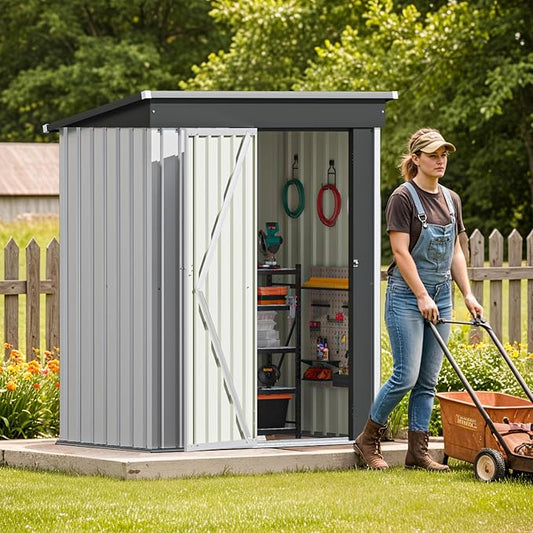 Patiolife 5x3 FT Outdoor Storage Shed, Metal Shed with Lockable Door & Sloping Roof, Steel Tool Shed for Backyard Patio Lawn, White