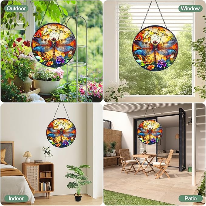 Wkyqes Dragonfly Handmade Stained Glass Window Hanging Suncatcher with Chain - 7.9" Outdoor/Indoor Art Decor for Home Garden, Wedding, Mother's, Valentine's & Christmas Ornaments Present