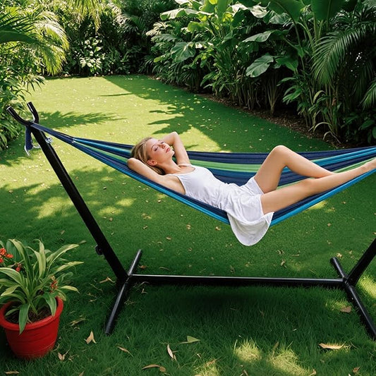 Sweetcrispy Double Hammock with Space Saving Steel Stand Heavy Duty 2 Person Standing Hammocks 450lb Capacity for Outside Garden Yard with Portable Carrying Bag
