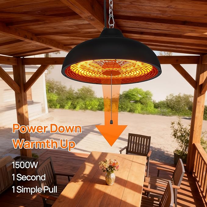 Hanging Patio Heater, Ceiling Mounted, Electric Patio Heater, Built in Temperature Control, Suit for Outdoor/Indoor, Greenhouse, 600W/900W/1500W, Black