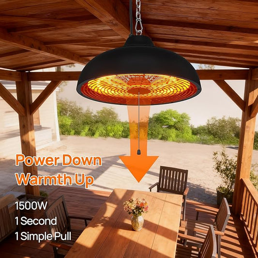 Hanging Patio Heater, Ceiling Mounted, Electric Patio Heater, Built in Temperature Control, Suit for Outdoor/Indoor, Greenhouse, 600W/900W/1500W, Black