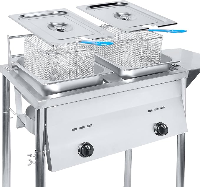 FOODIZIO Silver Deep Fryer with Thermometer, Propane Deep Fryer with 2 Stainless Steel Baskets & Lids, Adjustable Temperature with Regulating Knobs