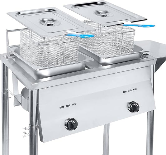 FOODIZIO Silver Deep Fryer with Thermometer, Propane Deep Fryer with 2 Stainless Steel Baskets & Lids, Adjustable Temperature with Regulating Knobs