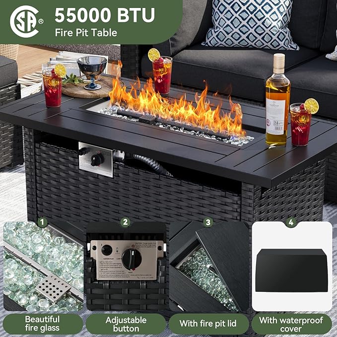 Aoxun 8 Piece Patio Furniture Set with 44” Fire Pit Table Wicker Rattan Patio Sectional Sofa Set Outdoor Seating Furniture with Thickened Cushion, Black