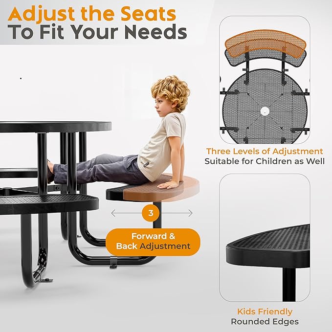 OUTTANS Metal Picnic Tables for Outdoors with Umbrella Hole - Coated Steel Heavy Duty Commercial Grade Furniture Set with Adjustable Seats (Black, 46 in, Round, Punched Steel)
